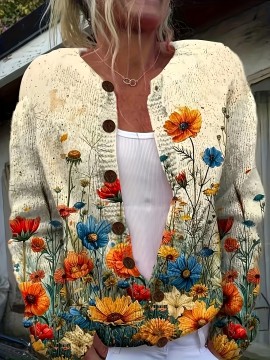 Women's Vibrant Floral Print Apricot Knit Cardigan Sweater - Button-Front Round Neck Casual Jacket, All-Season Versatile Layering Piece with Full-Body Floral Design, Hand Wash/Dry Clean, Sweater Cardigan, Spring Autumn Apparel, Elegant Knitwear, Quality Craftsmanship