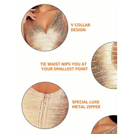 [Sexy Cocktail Dress] Sexy V-neck Bandage Bodycon Cocktail Dress for Wedding Guest Strap Foil Formal Gowns Evening Dress