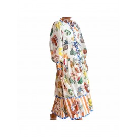Women'S Retro Patchwork Print Maxi Dress | Belted Long Sleeve Gown for Artistic & Bohemian Chic Style, Geometric-Pattern, Fall/Winter Season, Off the Shoulder Collar, Regular Fit, Flared Hem