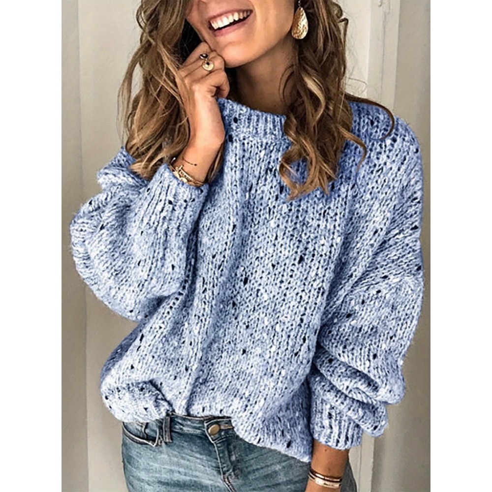 Plus Size Women's Oversized Warm Sweater - Beige & Brown Tones with Black Dots, Soft Crew Neck Long Sleeve Pullover, Cozy Winter Sweater for Fall/Winter Layering, Machine Washable Casual Sweating Sweater