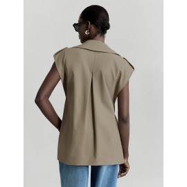Women's Sleeveless Blazer Coat - Belted Lapel Collar H-Line Tailored Jacket, Beige/Brown/Black/Navy/Gray, Machine Washable All-Season Office Wedding Party Uniform, Structured Lapel Lapel Suit Outerwear